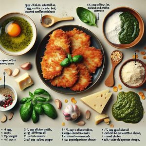 אני אכתוב לך מתכון לשניצל עוף קריספי עם רוטב פסטו.
רכיבים